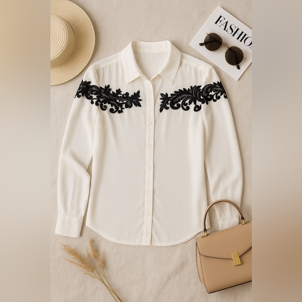 Express Portofino Ivory Button-Down Blouse with Black Lace Detail Size Medium